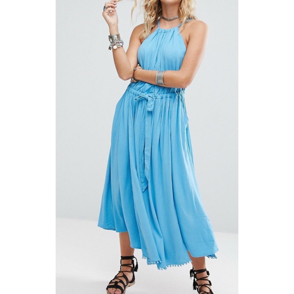 Free People Blue Halter Pom Pom Trim Midi Dress Size M Bohemian Keyhole Back